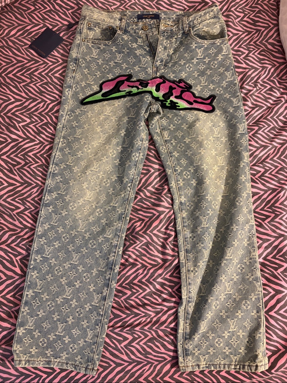 Louis Vuitton Monogram Denim Jeans with Pink & Green Patch